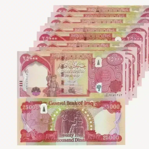 Front of Iraq 25000 dinar note showing Kurdish farmer Back of 25000 IQD banknote with King Hammurabi design, Close-up of 25000 dinar note's security features.