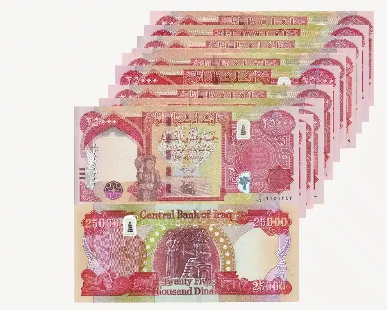 Front of Iraq 25000 dinar note showing Kurdish farmer Back of 25000 IQD banknote with King Hammurabi design, Close-up of 25000 dinar note's security features.