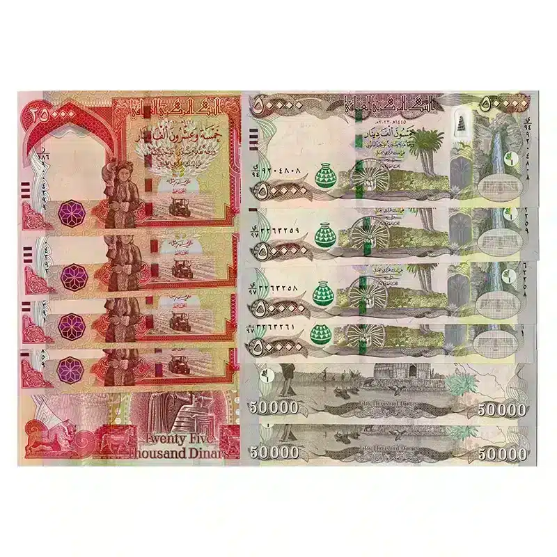 25000 Iraqi Dinar note featuring Kurdish peasant and Hammurabi 50000 IQD banknote with Euphrates river and ancient fishing scene Lot of uncirculated Iraqi Dinar polymer notes Security features on new Iraq currency