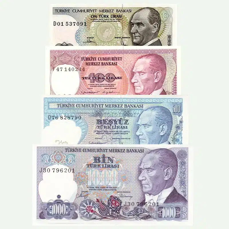 Uncirculated Turkey 1970 Banknotes Set (7th Issue) – 10 to 1000 Lira featuring Atatürk and Ottoman icons