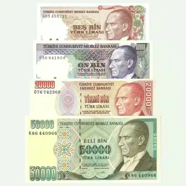 Uncirculated Turkey Lira Banknotes Set (1970) featuring Atatürk – 5,000 to 50,000 Lira in pristine condition