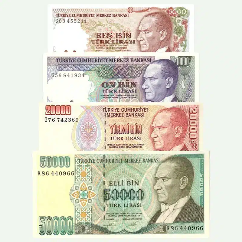 Uncirculated Turkey Lira Banknotes Set (1970) featuring Atatürk – 5,000 to 50,000 Lira in pristine condition