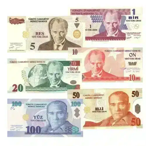 Complete Turkey 8th Issue Banknotes Set (2005) - 1 to 100 Lira with Atatürk