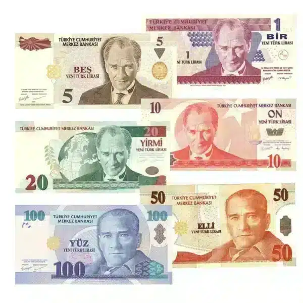 Complete Turkey 8th Issue Banknotes Set (2005) - 1 to 100 Lira with Atatürk