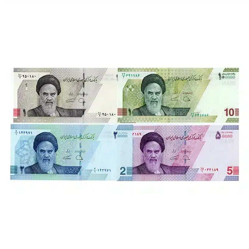 Iranian rial unc set – 4 modern banknotes (10k–100k rials) in uncirculated condition