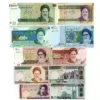 Iran Set of 10 Banknotes featuring 100, 200, 500, 1,000, 5,000, 10,000, 10,000, 20,000, 50,000, and 100,000 Rials in uncirculated condition