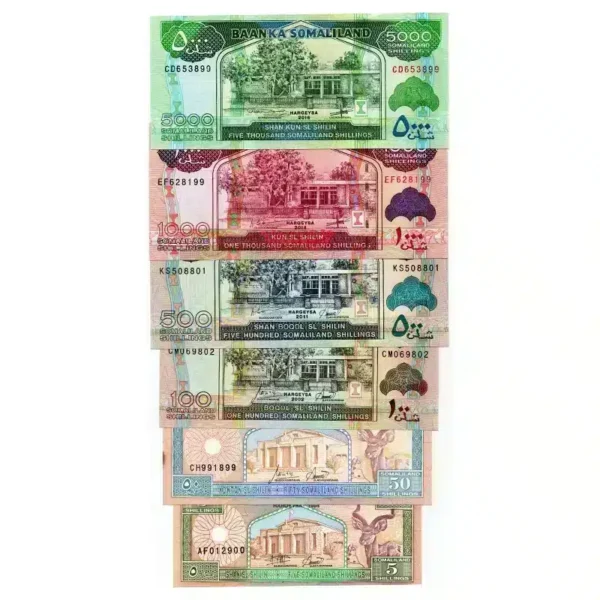 Somaliland UNC banknotes set, 5 Shilin Banknote Front, 50 Shilin Banknote Front, 100 Shilin Banknote Front, 500 Shilin Banknote Front, 1000 Shilin Banknote Front, 5000 Shilin Banknote Front