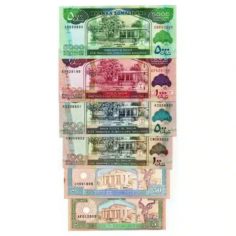Somaliland UNC banknotes set, 5 Shilin Banknote Front, 50 Shilin Banknote Front, 100 Shilin Banknote Front, 500 Shilin Banknote Front, 1000 Shilin Banknote Front, 5000 Shilin Banknote Front