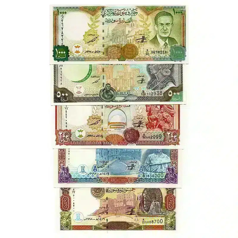 Syria banknotes full set, 50 Pounds Banknote Front, 100 Pounds Banknote Front, 200 Pounds Banknote Front, 500 Pounds Banknote Front, 1000 Pounds Banknote Front