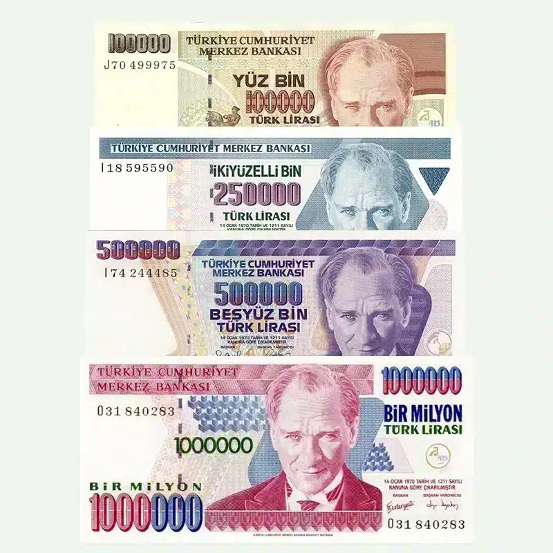 Uncirculated Turkey Lira Banknotes Set (7th Issue 1970) - 1,000 to 1,000,000 Lira with Atatürk portraits