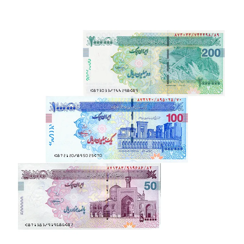 Iran 3 UNC Banknotes Set (500k, 1M, 2M Rials) Iran 500000 rials banknote W153A uncirculated featuring Khomeini portrait and Tomb of Saadi, Uncirculated Iranian banknote W154B 1 million rials with refined Khomeini portrait and enhanced security and Iran 2 million rials UNC banknote W154C 2008 featuring Tomb of Saadi and early security features