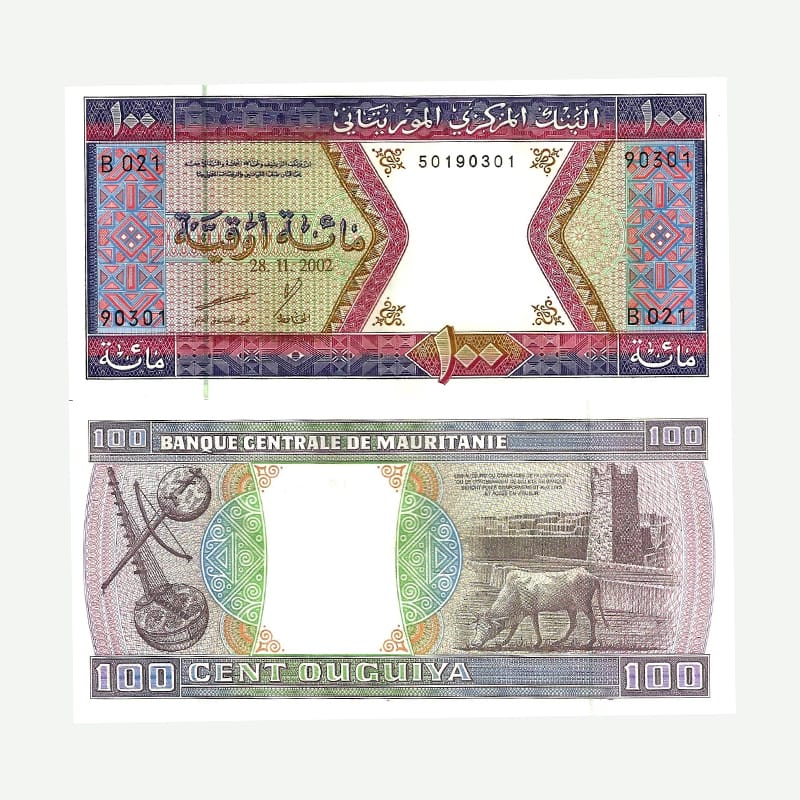 Mauritanian 100 Ouguiya 2002 note UNC Traditional Fishing Scene String Instruments Great Friday Mosque Pick 4