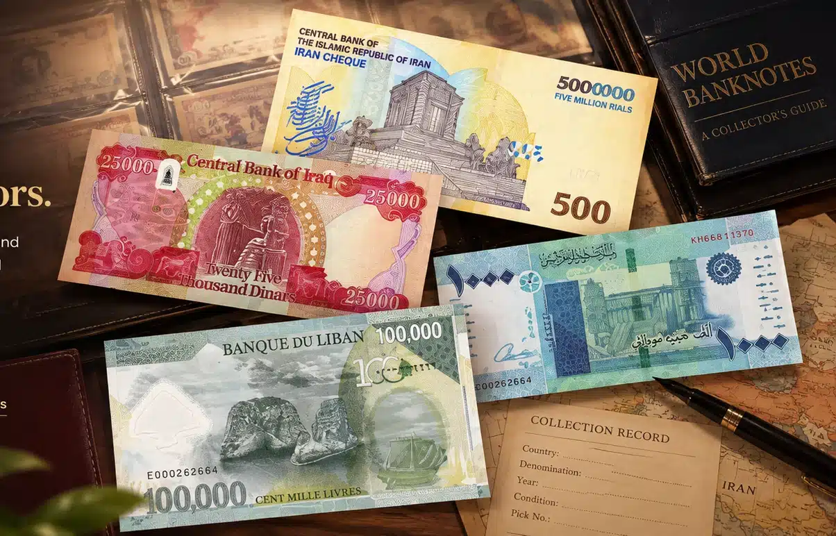 Modern collectible banknotes from Iran, Iraq, Lebanon and Sudan arranged on a collector’s desk.