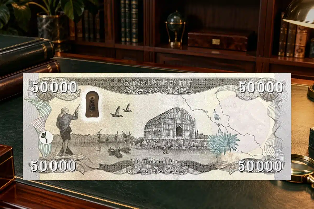 Original 50,000 Iraqi dinar reverse on a forest-green collector desk with books and archival tools